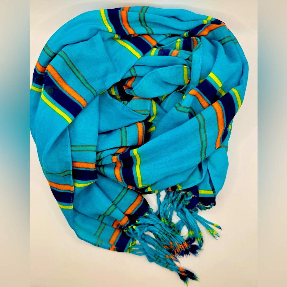 Long fashion striped scarf with fringe - teal, navy, yellow, salmon, green - Picture 2 of 11